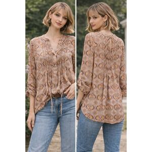Boho Paisley Blouse Peasant Top Tie Front Lightweight Flowy-S American rag